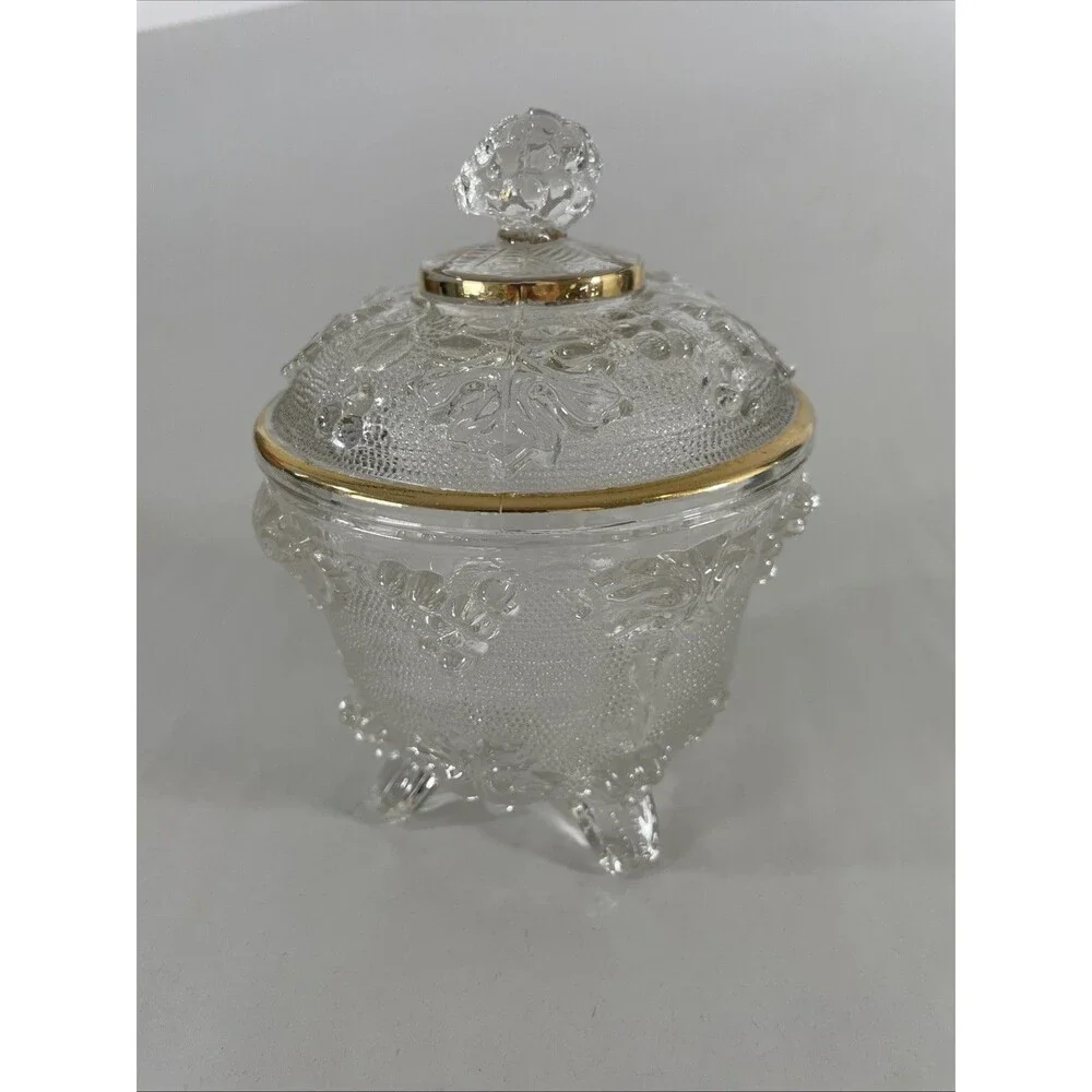 Jeanette Glass Clear Footed Candy Dish w/Gold Trim w/Lid Harvest Grape VTG